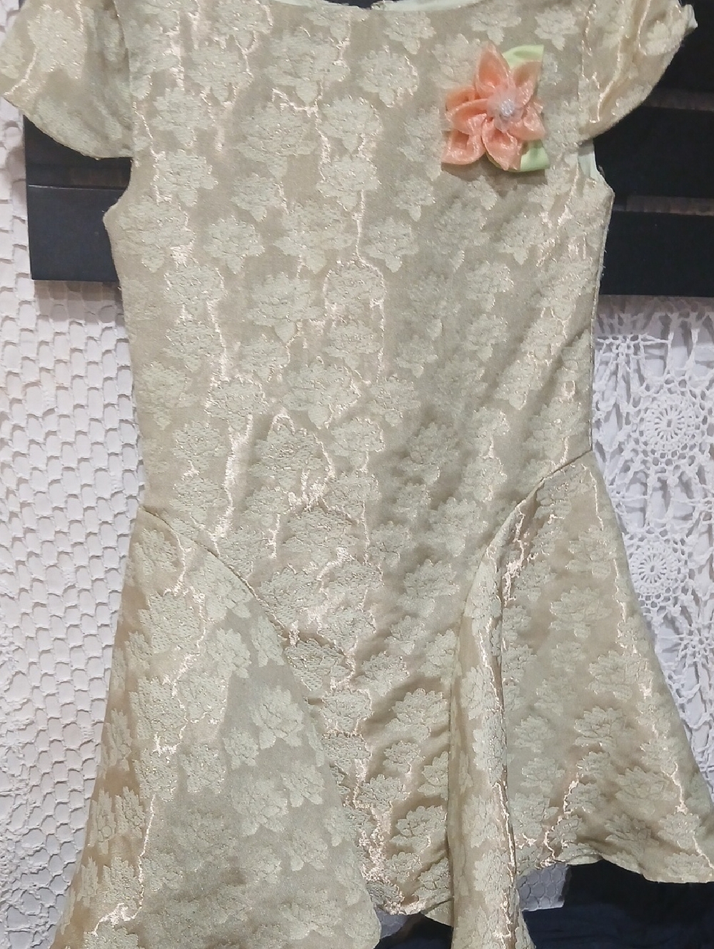 Tiana Disney Princes Cream Floral Jacquard Dress with Peach Flower Accent